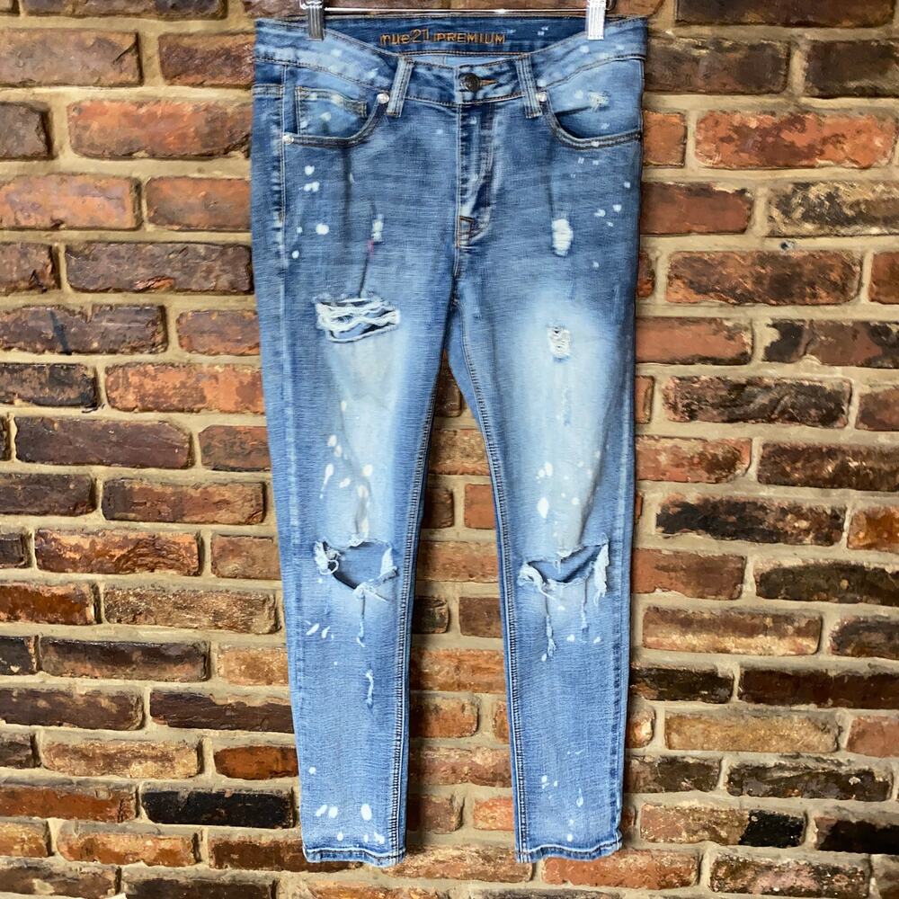 Rue 21 Blue Distressed Bleach Splatter Denim Skinny Supreme Flex Jeans 30x30
